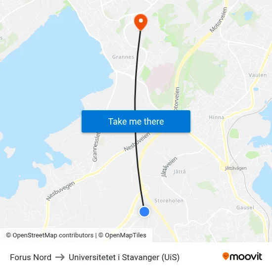 Forus Nord to Universitetet i Stavanger (UiS) map