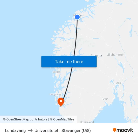 Lundavang to Universitetet i Stavanger (UiS) map