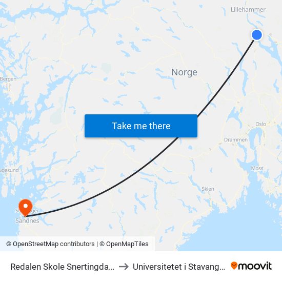 Redalen Skole Snertingdalsvegen to Universitetet i Stavanger (UiS) map