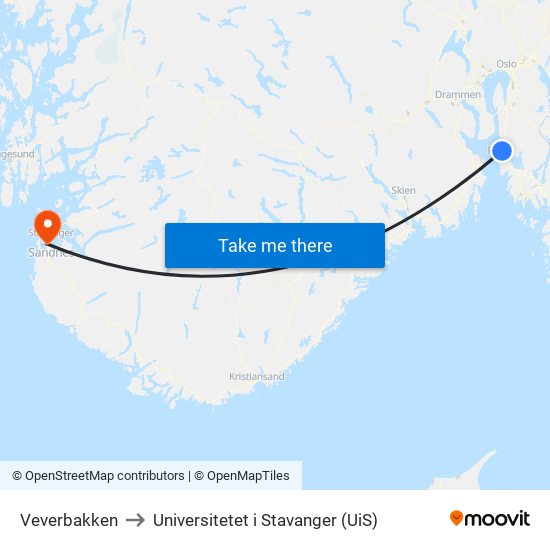 Veverbakken to Universitetet i Stavanger (UiS) map