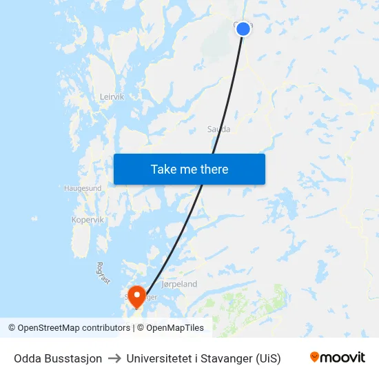 Odda Busstasjon to Universitetet i Stavanger (UiS) map