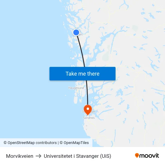 Morvikveien to Universitetet i Stavanger (UiS) map