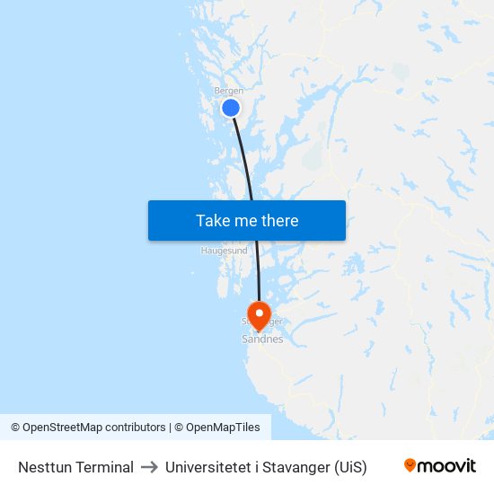 Nesttun Terminal to Universitetet i Stavanger (UiS) map