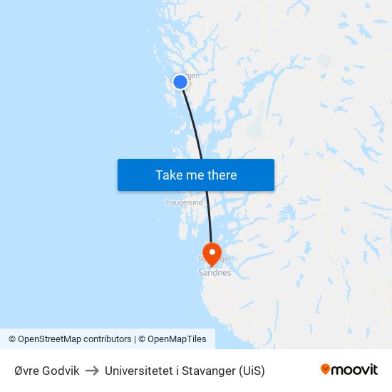 Øvre Godvik to Universitetet i Stavanger (UiS) map