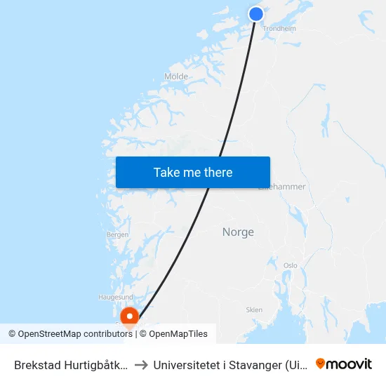 Brekstad Hurtigbåtkai to Universitetet i Stavanger (UiS) map