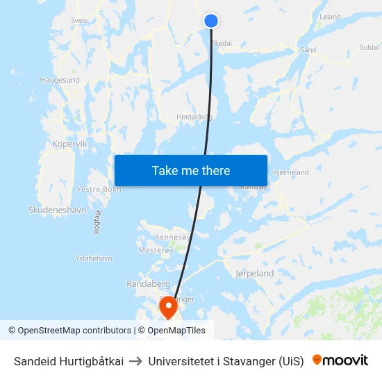 Sandeid Hurtigbåtkai to Universitetet i Stavanger (UiS) map