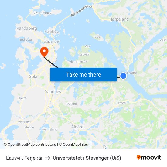 Lauvvik Ferjekai to Universitetet i Stavanger (UiS) map