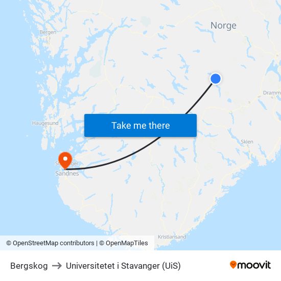 Bergskog to Universitetet i Stavanger (UiS) map