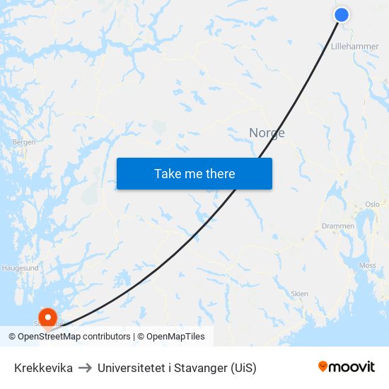 Krekkevika to Universitetet i Stavanger (UiS) map