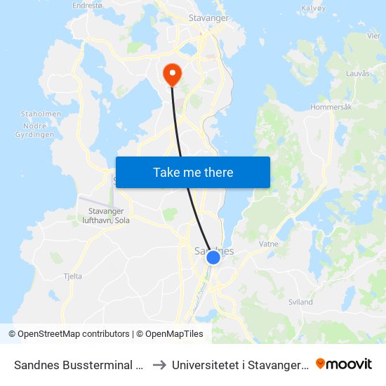 Sandnes Bussterminal Ruten to Universitetet i Stavanger (UiS) map