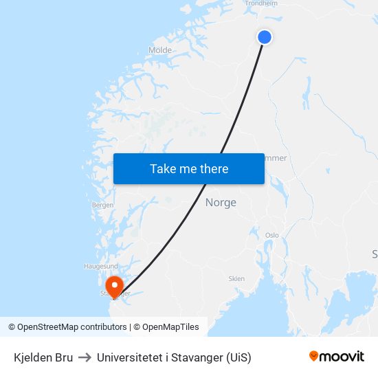 Kjelden Bru to Universitetet i Stavanger (UiS) map