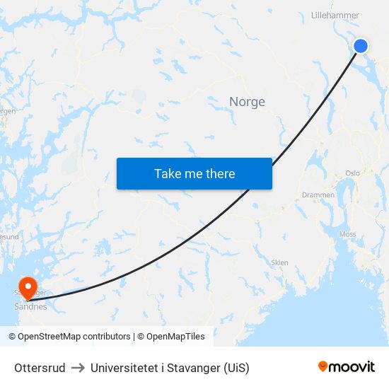 Ottersrud to Universitetet i Stavanger (UiS) map