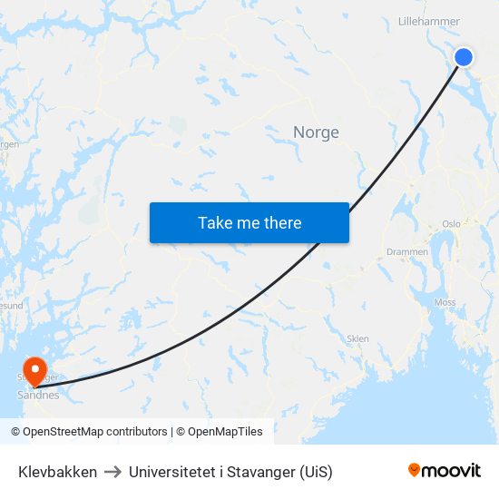 Klevbakken to Universitetet i Stavanger (UiS) map