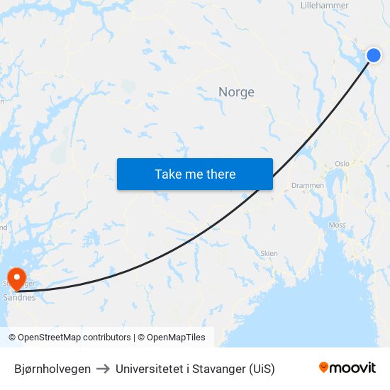 Bjørnholvegen to Universitetet i Stavanger (UiS) map