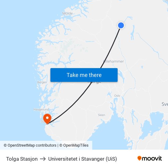 Tolga Stasjon to Universitetet i Stavanger (UiS) map