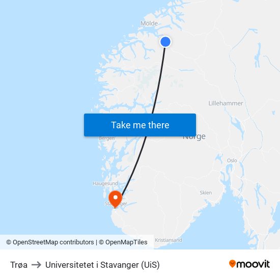 Trøa to Universitetet i Stavanger (UiS) map