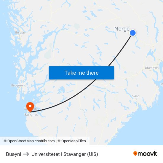 Buøyni to Universitetet i Stavanger (UiS) map