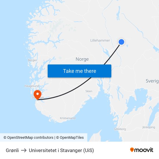 Grønli to Universitetet i Stavanger (UiS) map