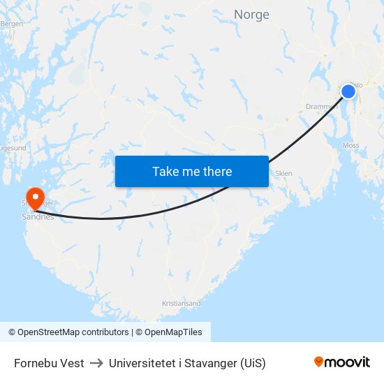 Fornebu Vest to Universitetet i Stavanger (UiS) map