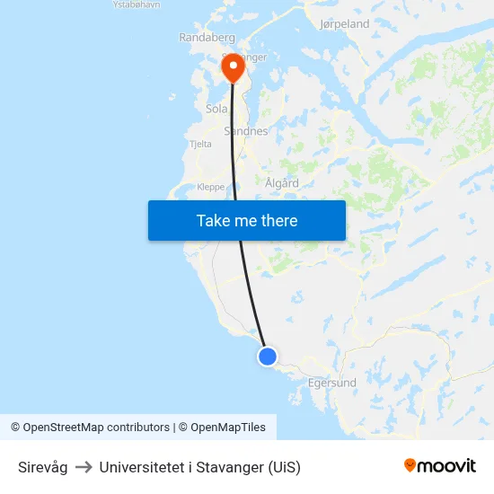 Sirevåg to Universitetet i Stavanger (UiS) map