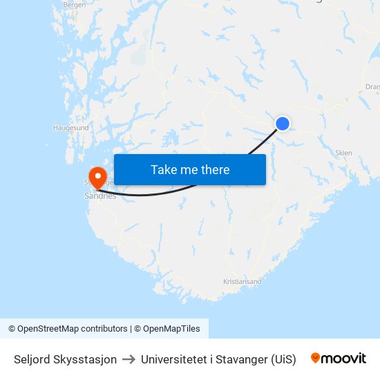 Seljord Skysstasjon to Universitetet i Stavanger (UiS) map