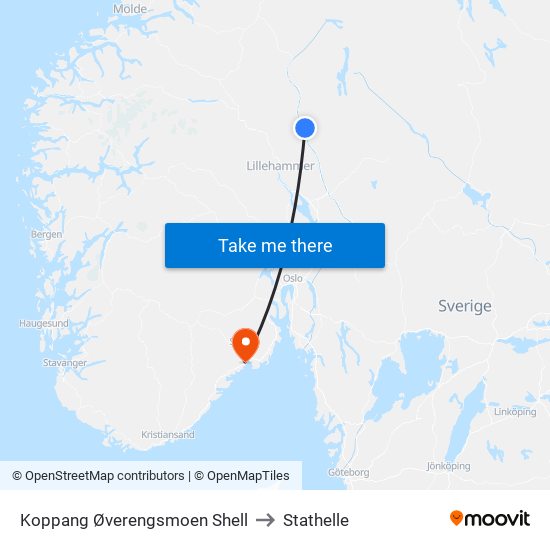 Koppang Øverengsmoen Shell to Stathelle map