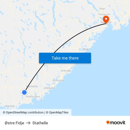 Østre Fidje to Stathelle map