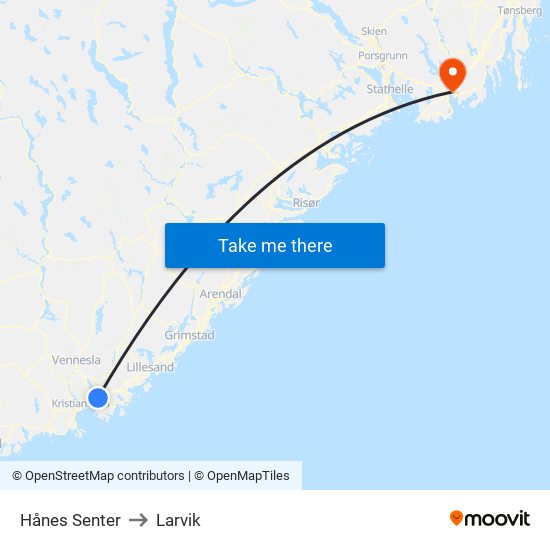 Hånes Senter to Larvik map