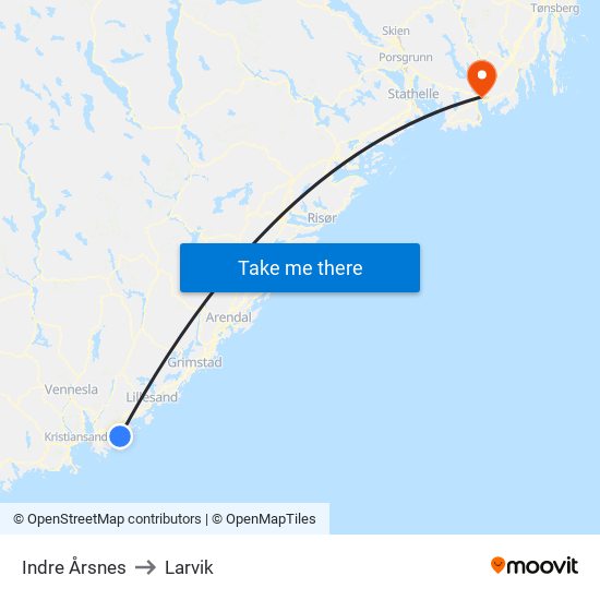 Indre Årsnes to Larvik map