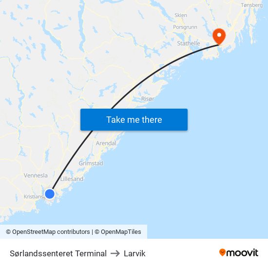 Sørlandssenteret Terminal to Larvik map