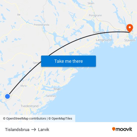 Tislandsbrua to Larvik map