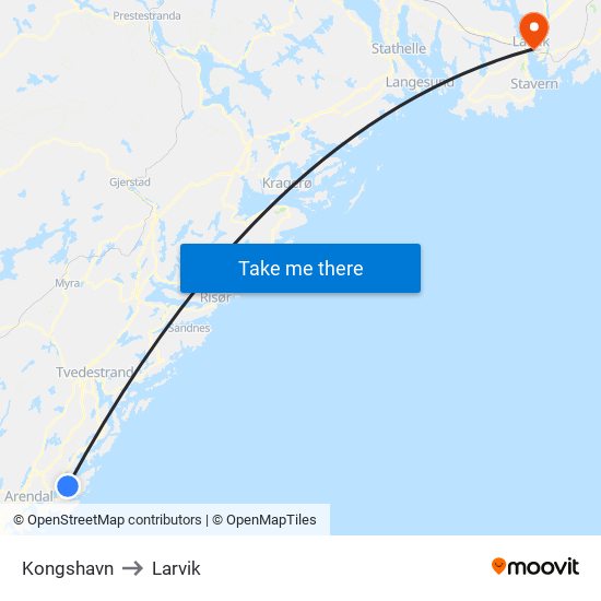 Kongshavn to Larvik map