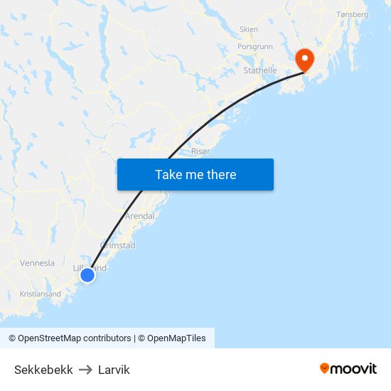 Sekkebekk to Larvik map