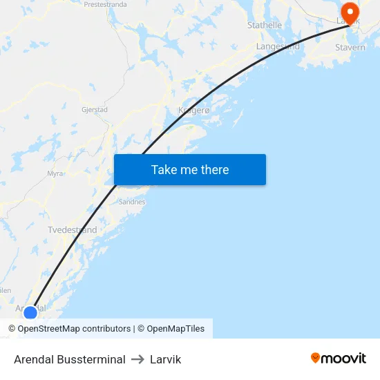 Arendal Bussterminal to Larvik map