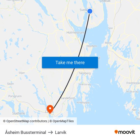 Åsheim Bussterminal to Larvik map