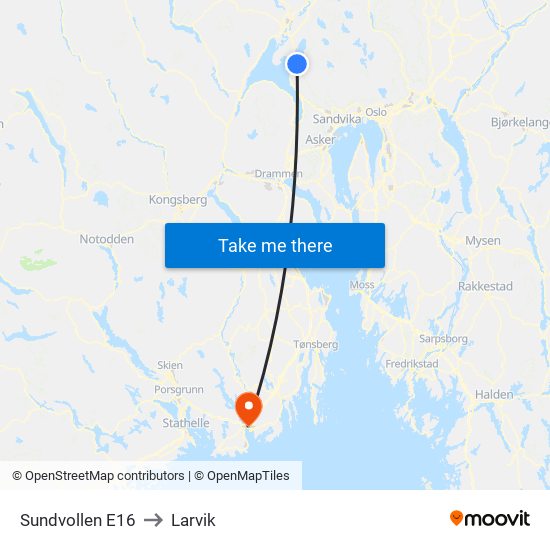 Sundvollen E16 to Larvik map