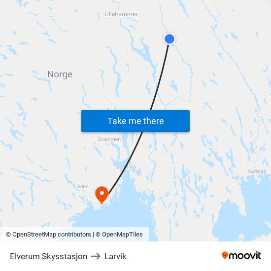 Elverum Skysstasjon to Larvik map