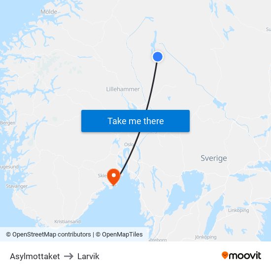 Asylmottaket to Larvik map