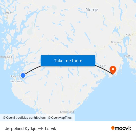 Jørpeland Kyrkje to Larvik map