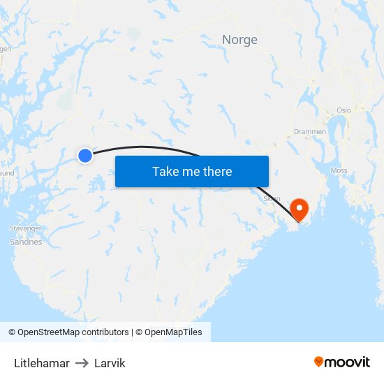 Litlehamar to Larvik map