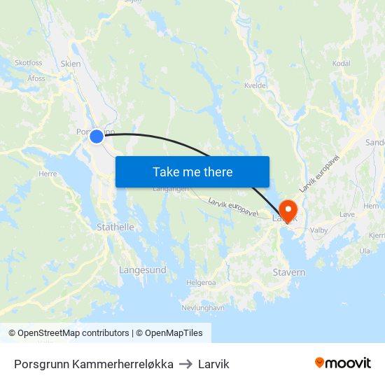 Porsgrunn Kammerherreløkka to Larvik map