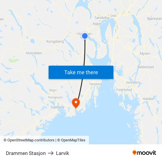 Drammen Stasjon to Larvik map