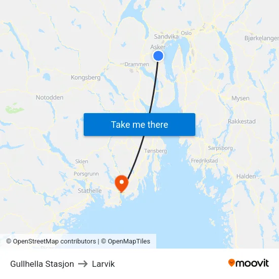Gullhella Stasjon to Larvik map