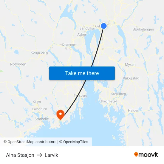 Alna Stasjon to Larvik map