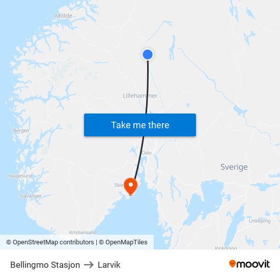 Bellingmo Stasjon to Larvik map