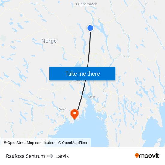 Raufoss Sentrum to Larvik map