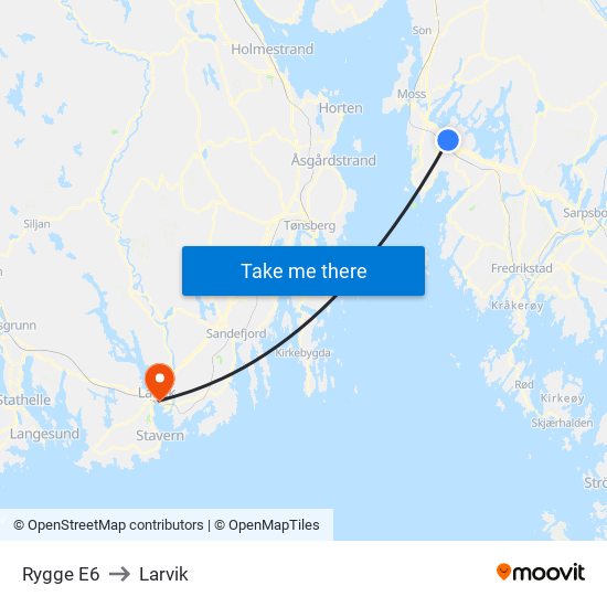 Rygge E6 to Larvik map