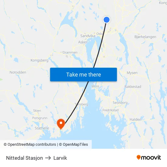 Nittedal Stasjon to Larvik map