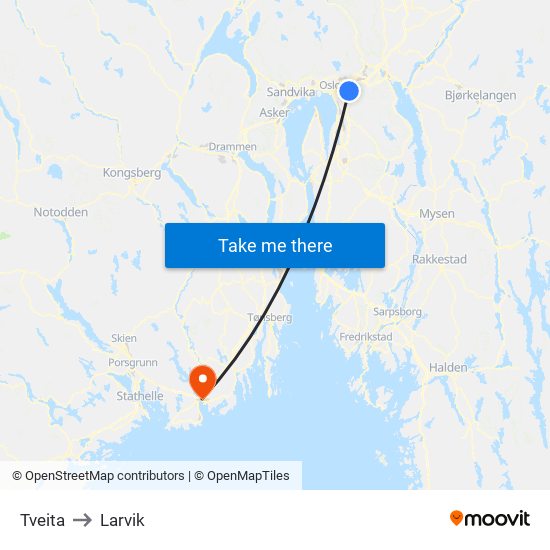 Tveita to Larvik map