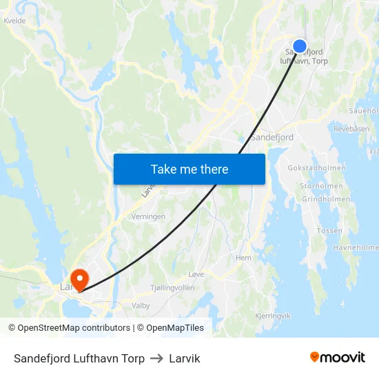 Sandefjord Lufthavn Torp to Larvik map